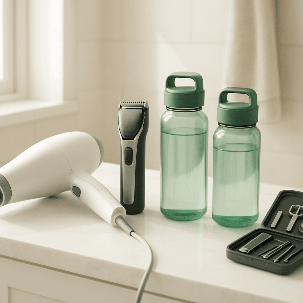 Personal care and daily-use products on a bright bathroom counter