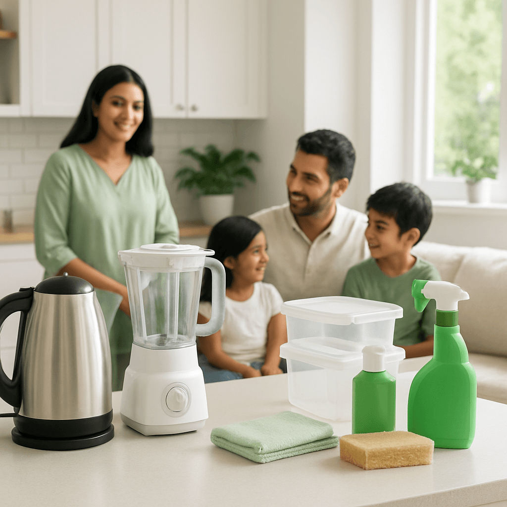 Home appliances and daily essentials arranged in a modern Pakistani home